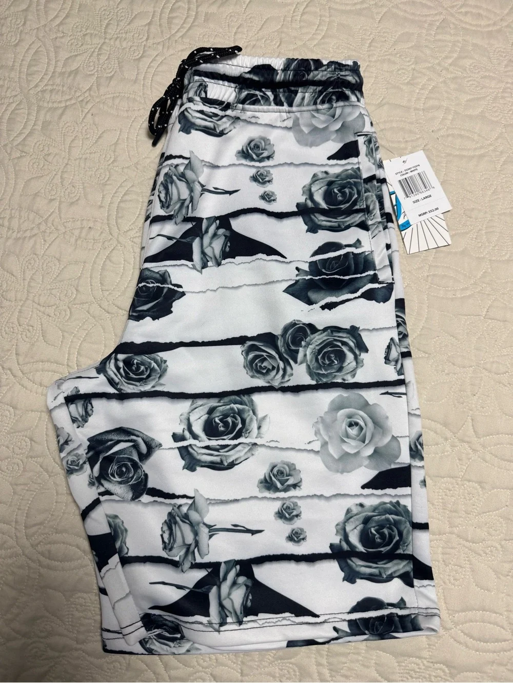Men's Black & White Rose-Print Swim Board Shorts